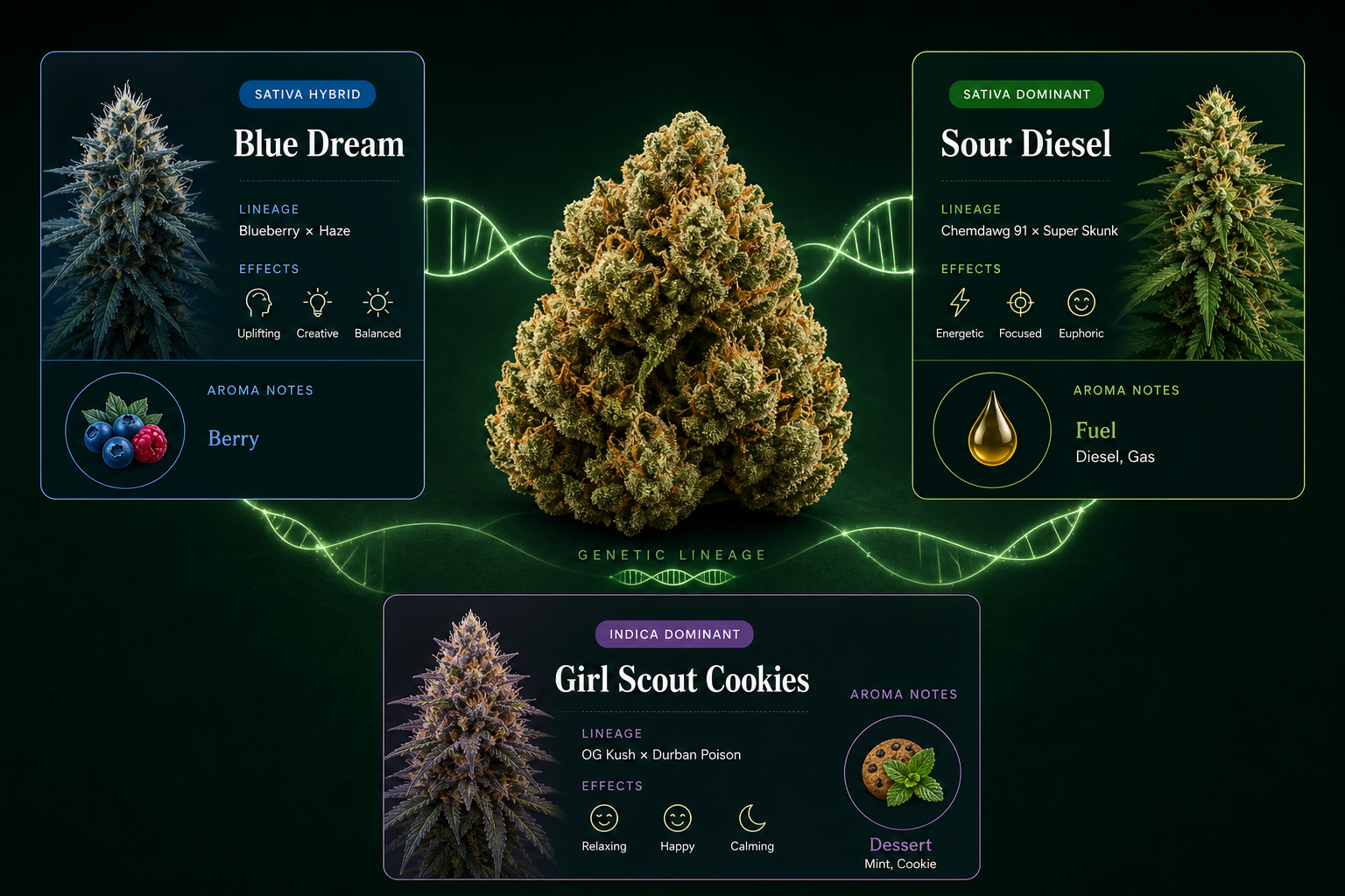 Classic weed strains education artwork showing Blue Dream, Sour Diesel, and Girl Scout Cookies cards around dry cannabis flower and lineage graphics