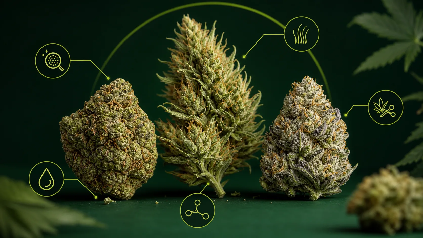 Different cannabis bud structures with visual quality cue icons for trichomes, pistils, trim, freshness, and flower density