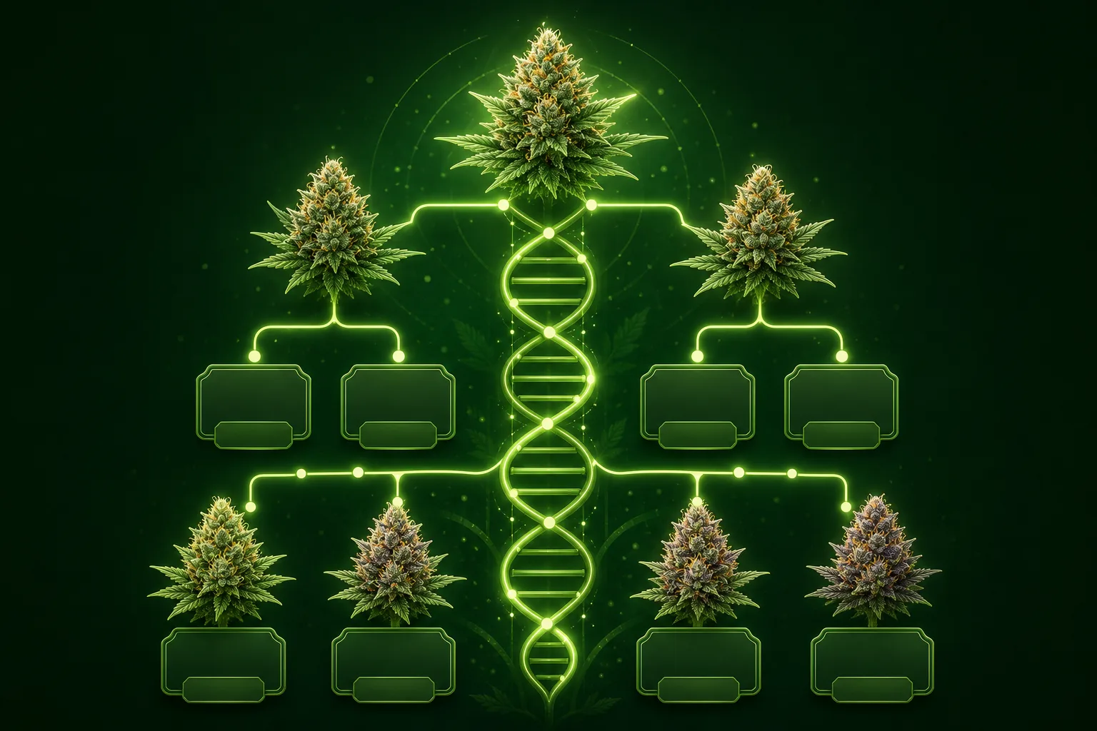 Cannabis genetics education artwork with a glowing DNA-style family tree linking flower clusters and strain cards