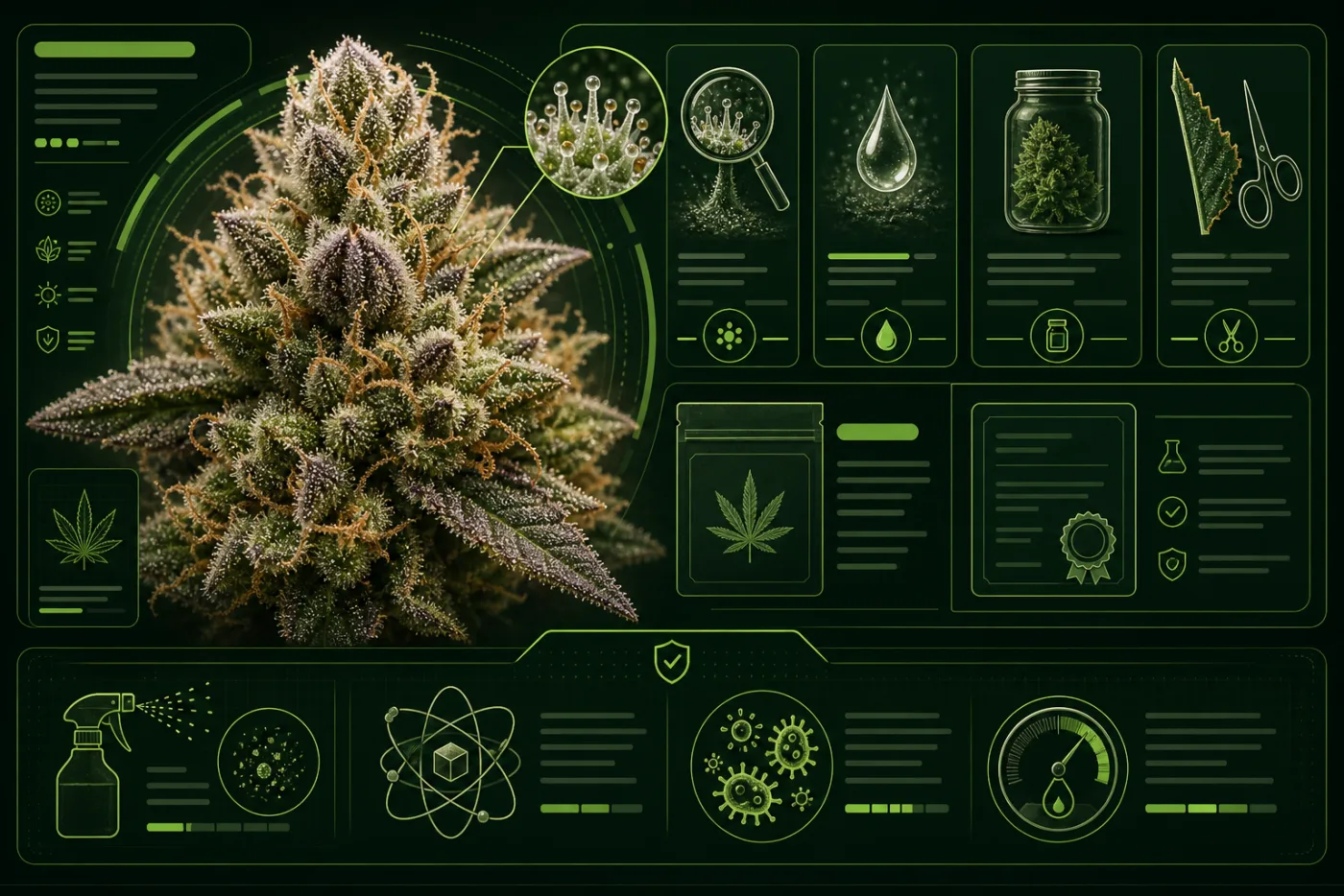 Cannabis flower quality checklist showing trichomes, cure jars, labels, certificates of analysis, and contaminant testing cues
