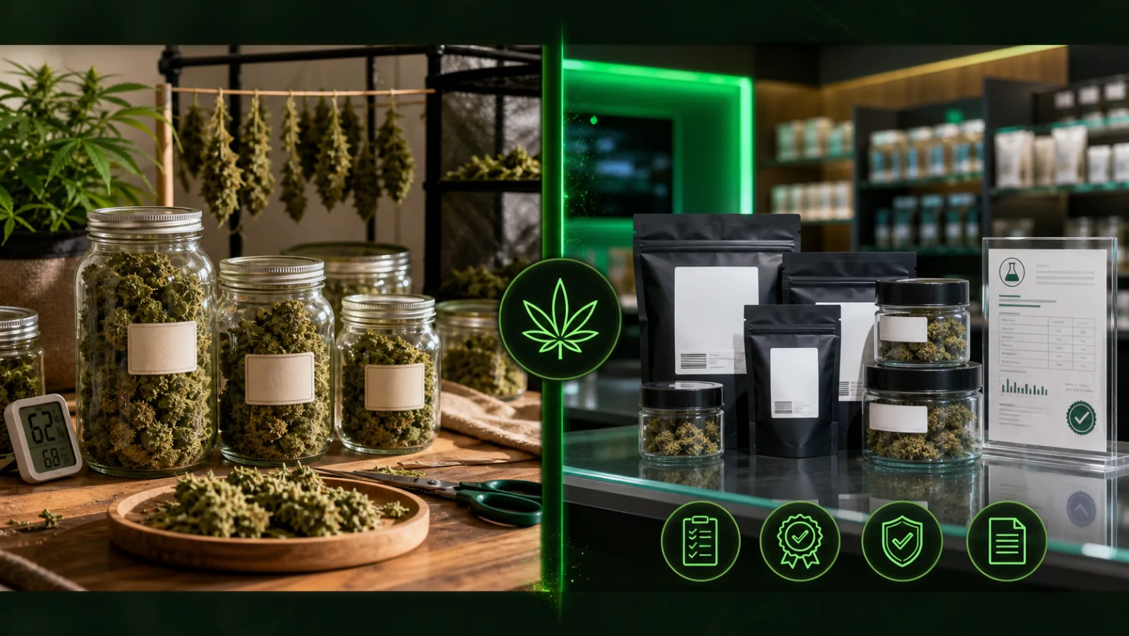 Split scene comparing homegrown cannabis cure jars with dispensary packaged flower and lab testing paperwork