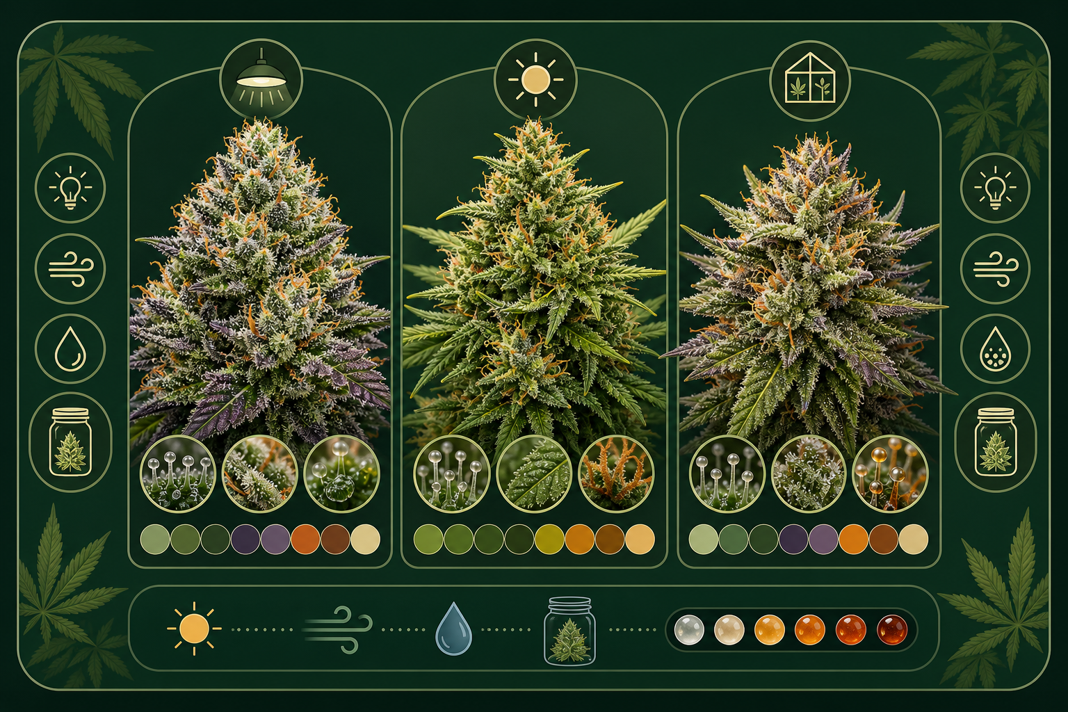 Cannabis flower quality clues including trichomes, bud density, natural sunlight, LED light, airflow, humidity, and curing icons