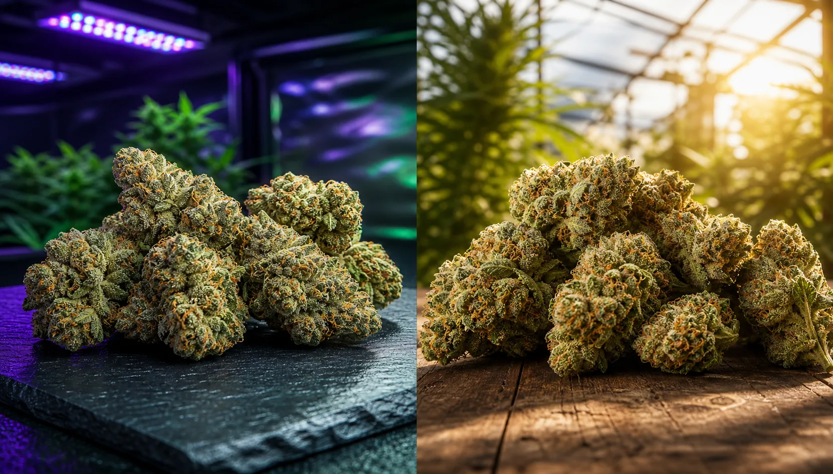 Side-by-side cannabis flower scenes comparing indoor LED-grown weed with outdoor sun-grown weed