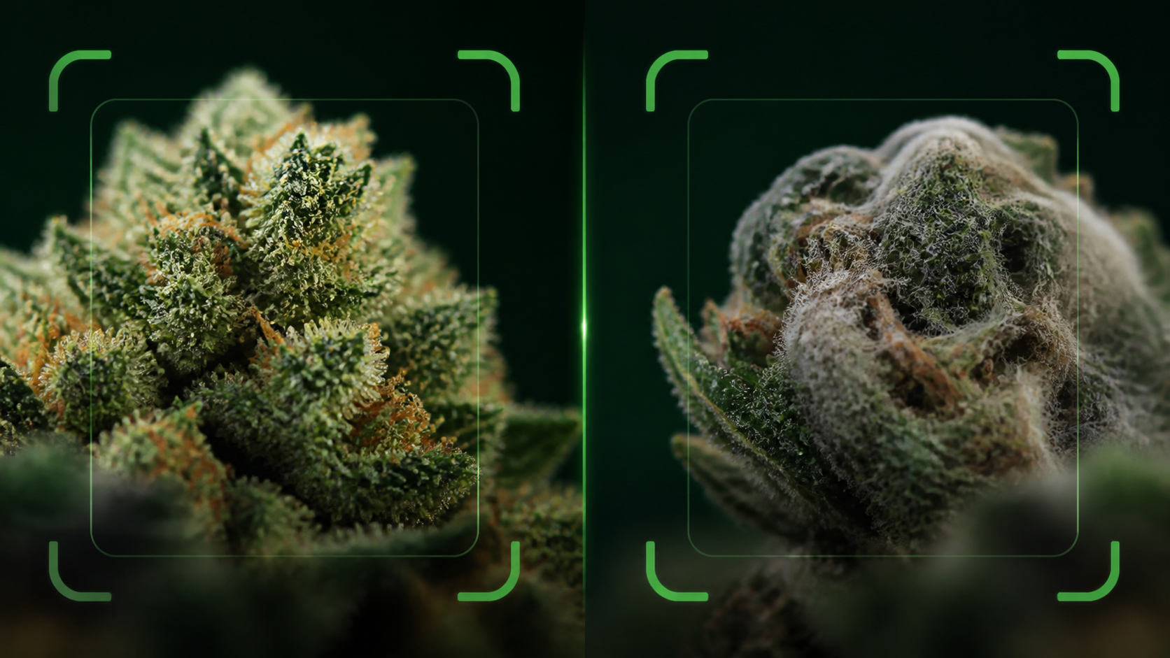 Dry cannabis flower comparison showing crystalline trichome frost beside fuzzy mold warning cues with scan-style overlays