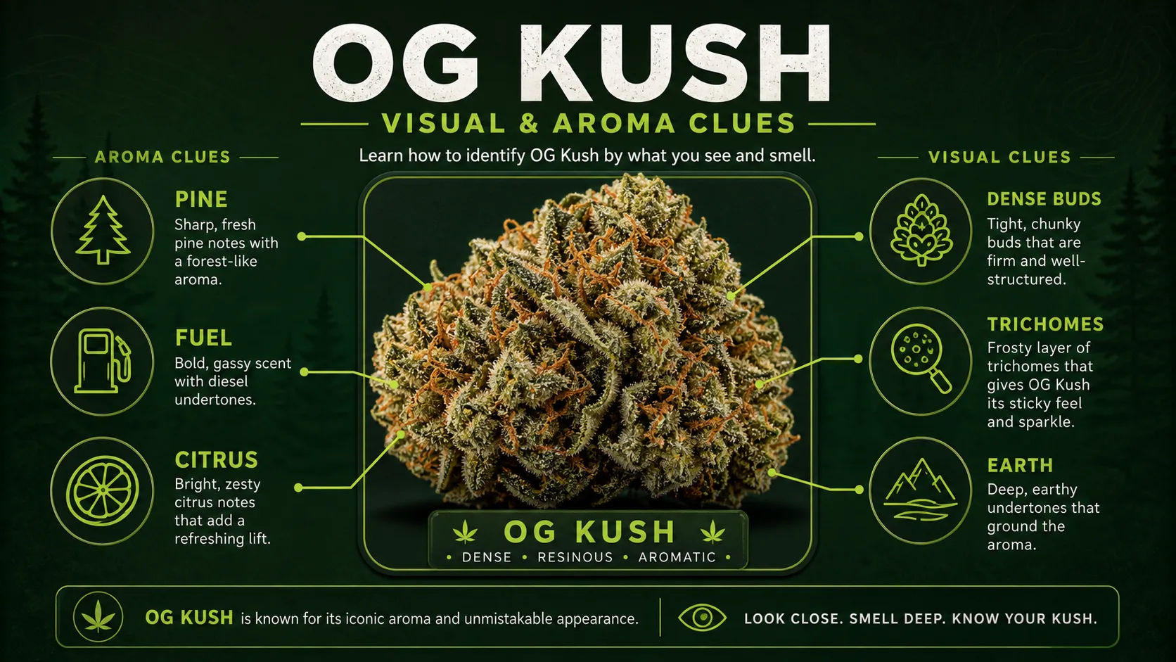 Infographic-style OG Kush visual and aroma clues showing pine, fuel, citrus, earth, dense buds, and trichomes