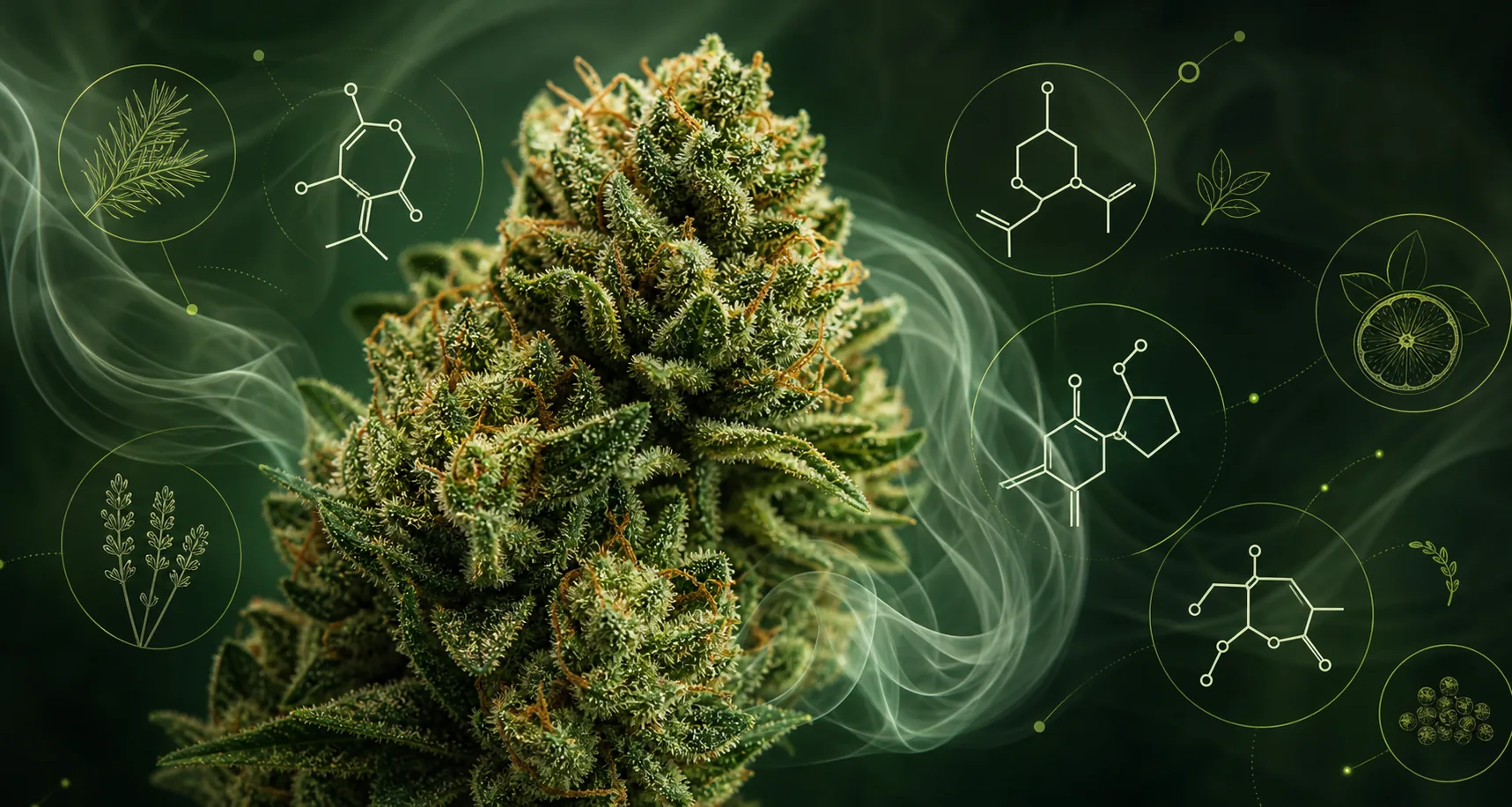 Cannabis flower with aromatic terpene vapor ribbons and molecular-style botanical accents