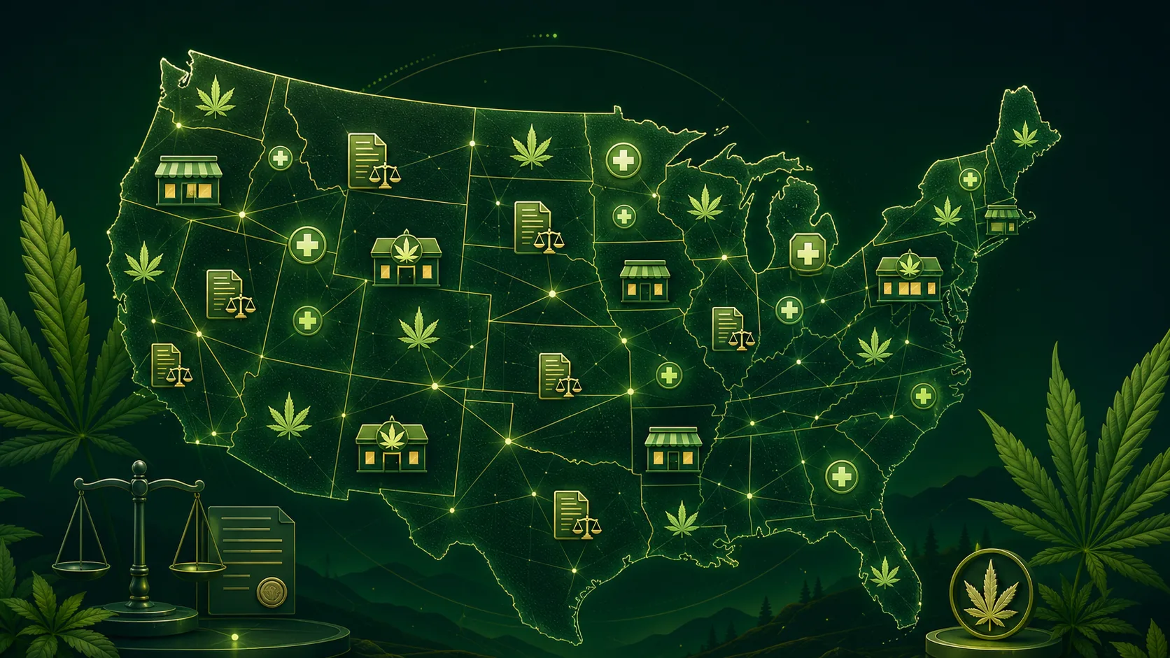 Stylized cannabis legalization map of the United States with legal document and dispensary icons